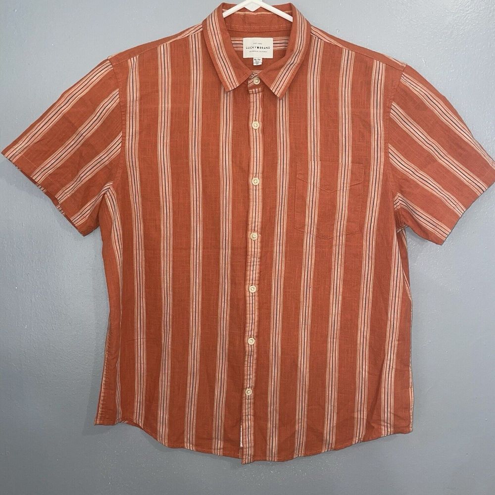 Lucky Brand Hawaiian Shirt Mens Size XL Stripe Short Sleeve Collared Button Down